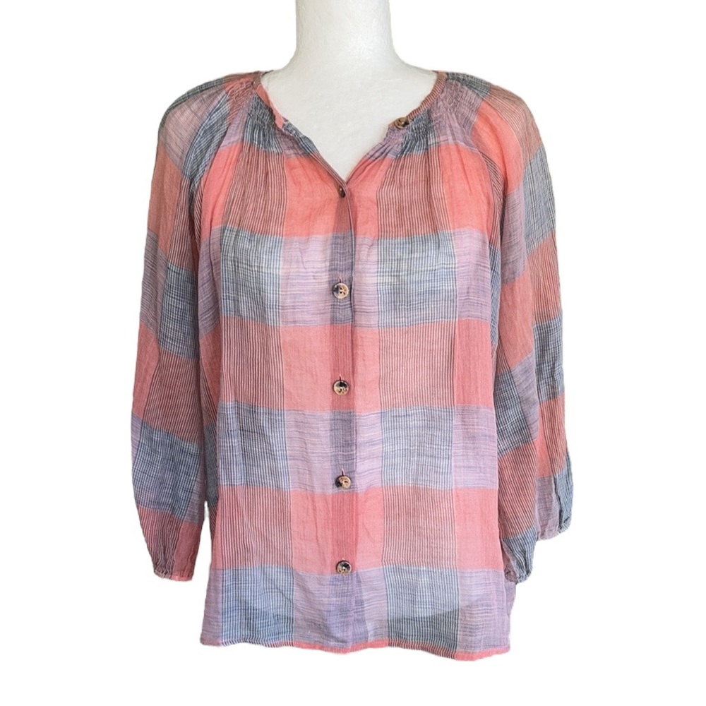LN Tucker Silk Coral Pink & Blue Striped Check Plaid 
Smocked Neck Blouse - S